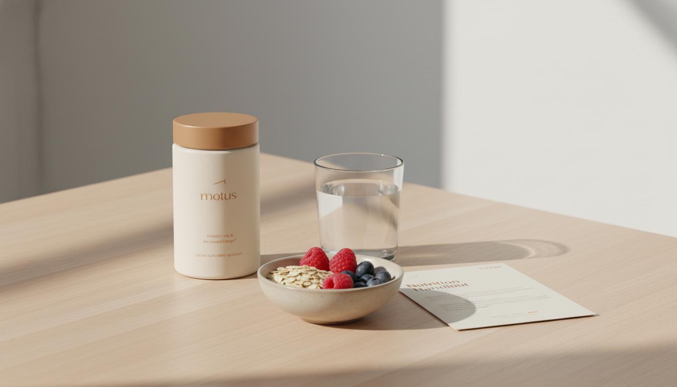 Minimalist still life of Tonum Motus supplement jar with water, oats, berries and a folded nutrition handout on a light wood table — over the counter equivalent to phentermine