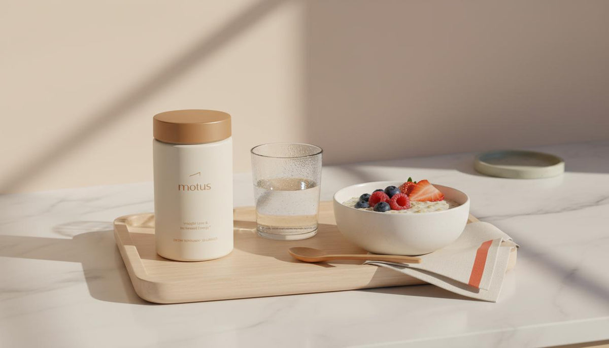 Motus supplement jar on wooden tray with oats and berries in a calm kitchen morning scene for over the counter orlistat