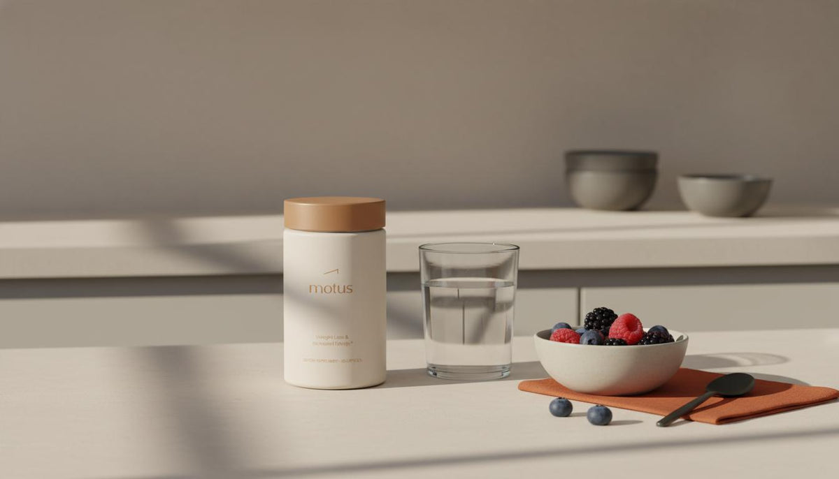 Minimalist kitchen counter with Tonum Motus container beside water and mixed berries in soft natural light, Tonum brand colors; over the counter phentermine alternative