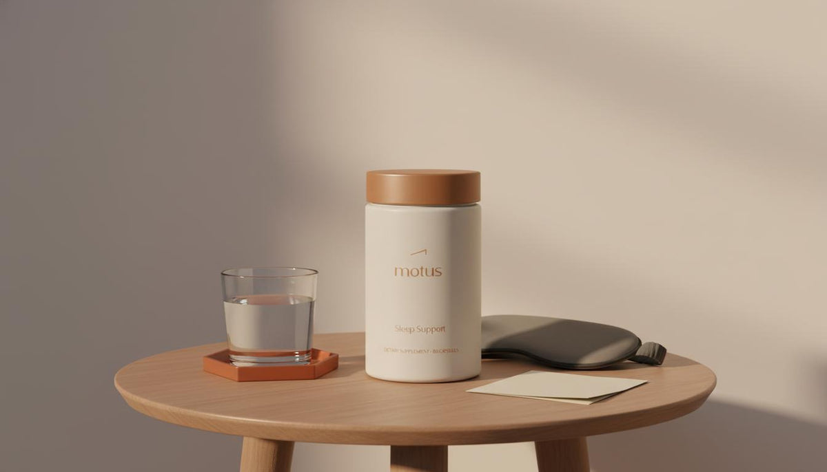 Minimal bedside table with Tonum supplement jar, glass of water, neutral sleep mask and folded non-legible sleep-plan note, calm evening light — visual for over-the-counter sleep aids