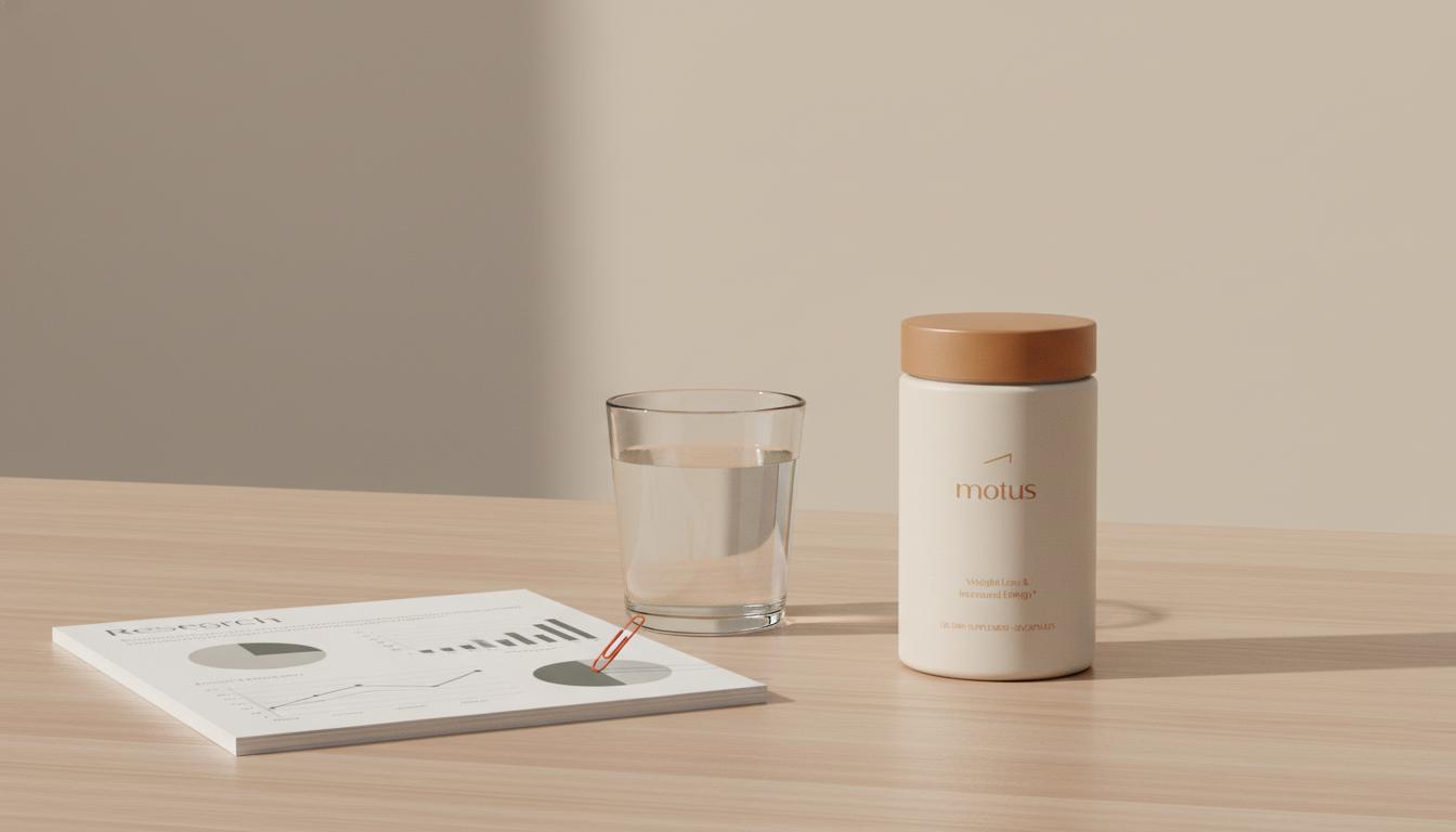 Minimalist clinical-lifestyle shot of Tonum Motus supplement jar beside a glass of water and open research pamphlet on a beige table, highlighting over the counter weight loss pills