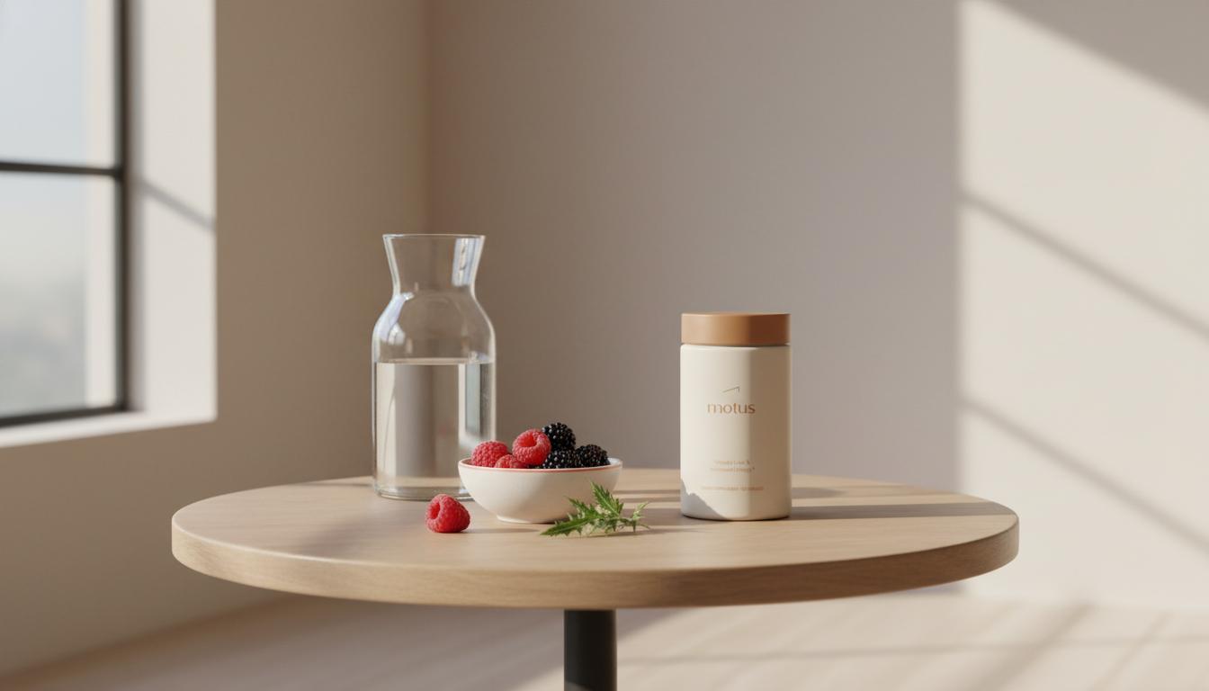 Minimalist kitchen still life with Tonum Motus supplement jar, glass carafe, fresh berries and milk thistle leaf on a round wooden table — over-the-counter weight loss pills