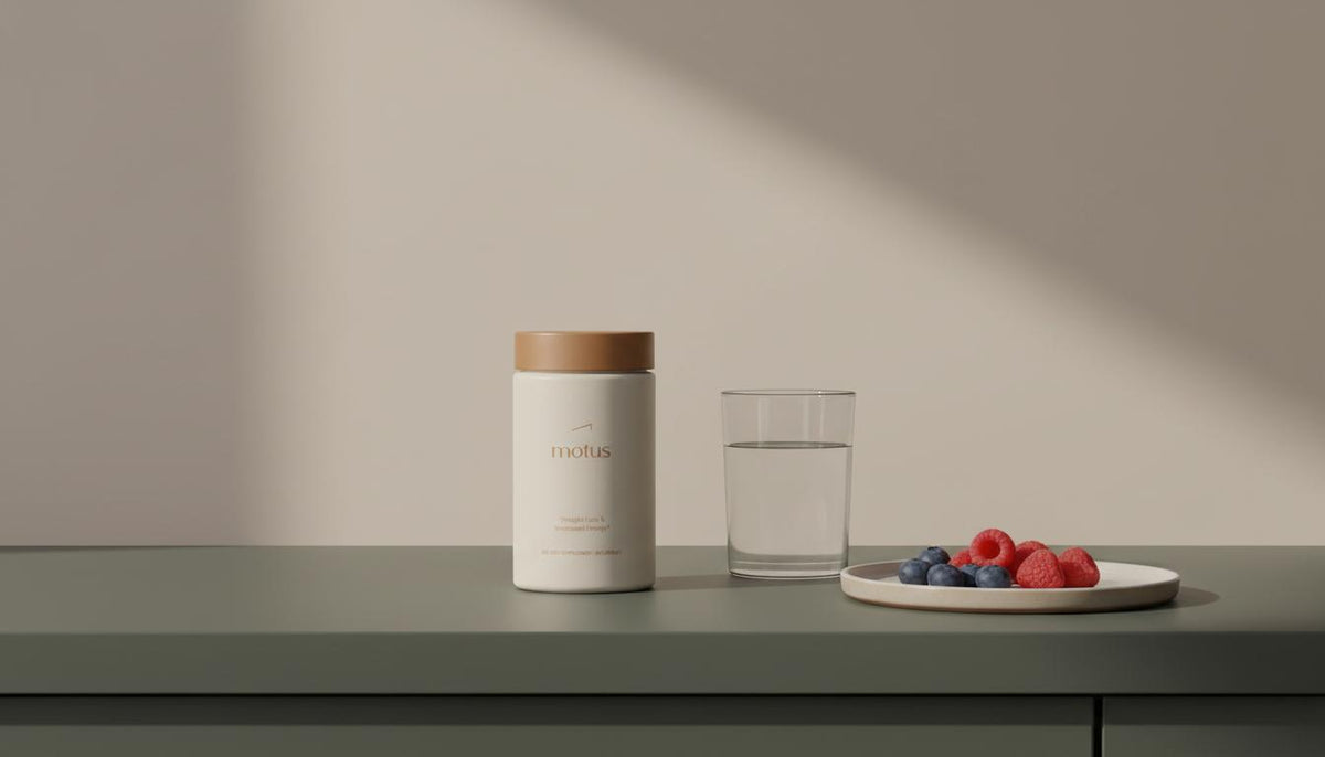 Minimalist kitchen counter with Tonum Motus supplement jar beside a glass of water and plate of berries, presented as over-the-counter weight loss pills in Tonum brand colors.