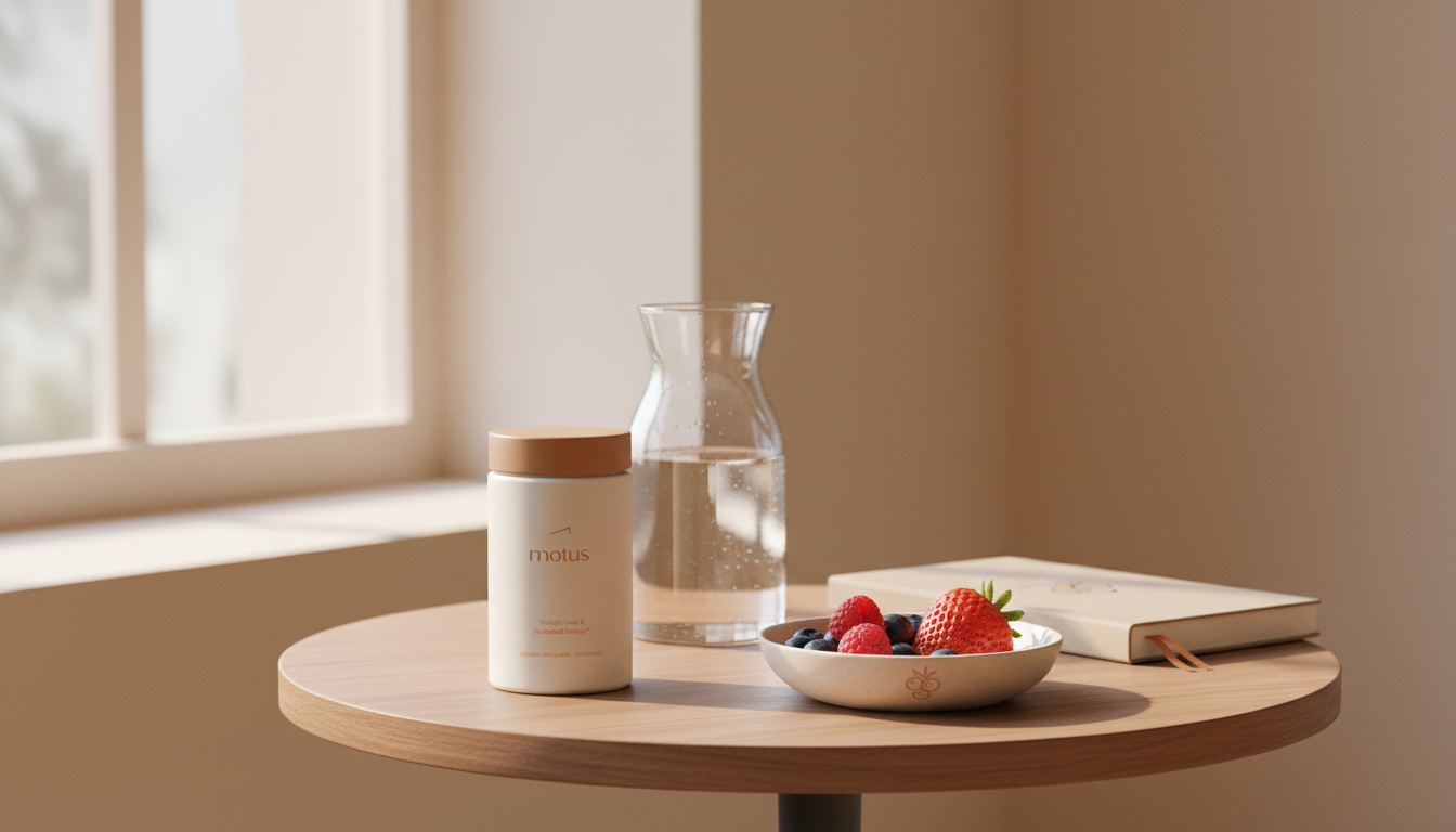 Sunlit minimalist morning table with Tonum Motus supplement jar beside a carafe, bowl of berries and journal, conveying calm renewal and oxyshred onset time