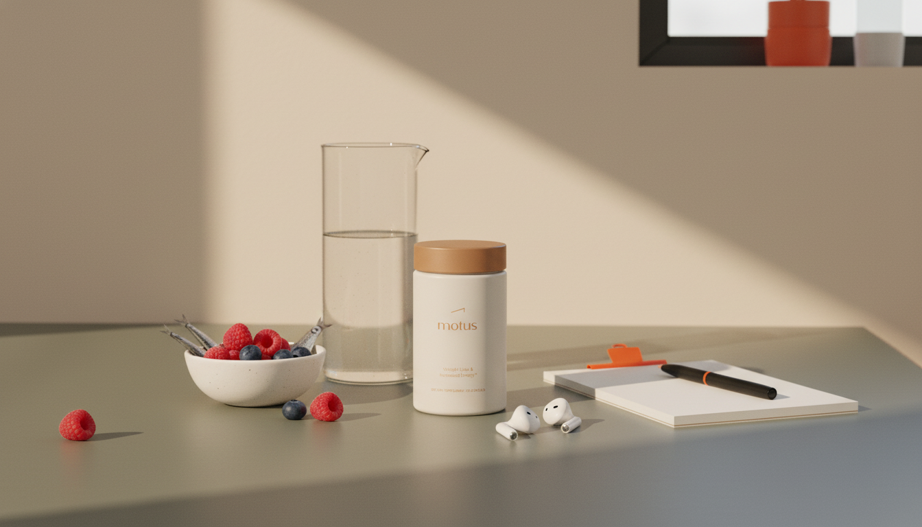 Minimalist kitchen counter with Tonum Motus container beside a water carafe, bowl of berries, notepad and earbuds in soft morning light — OxyShred thermogenic fat burner