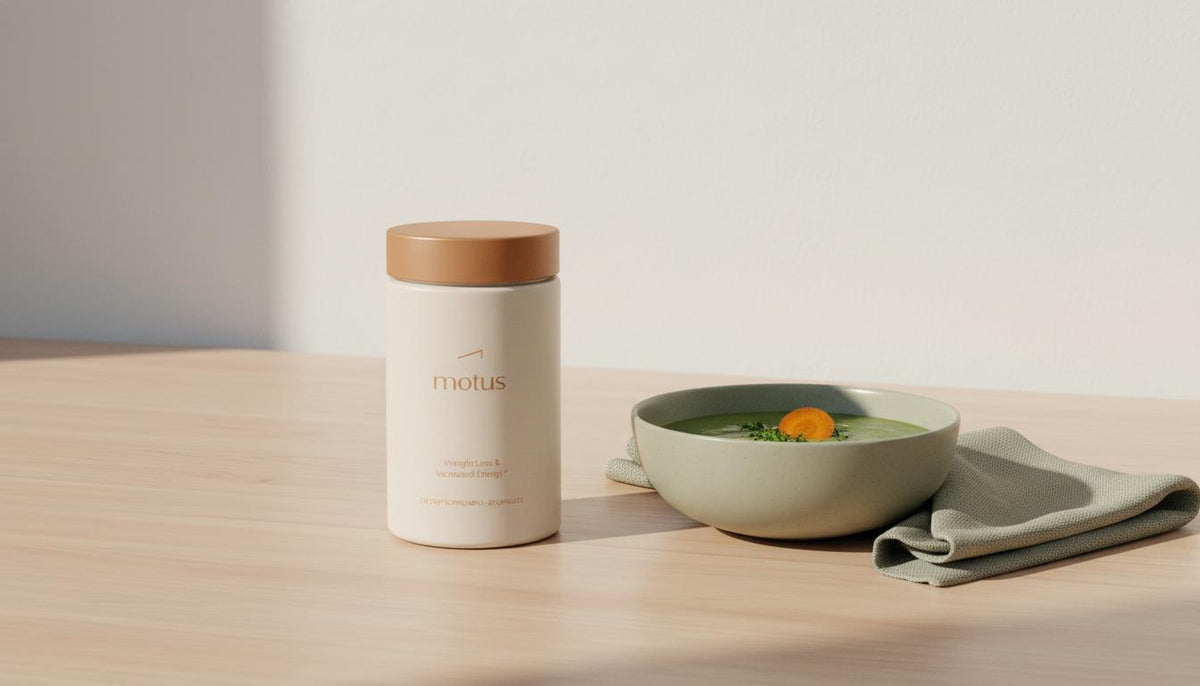 Minimalist still-life of Tonum Motus supplement bottle beside a bowl of chilled vegetable soup and a linen napkin on a wooden table, illustrating gentle meals for the Ozempic diet.