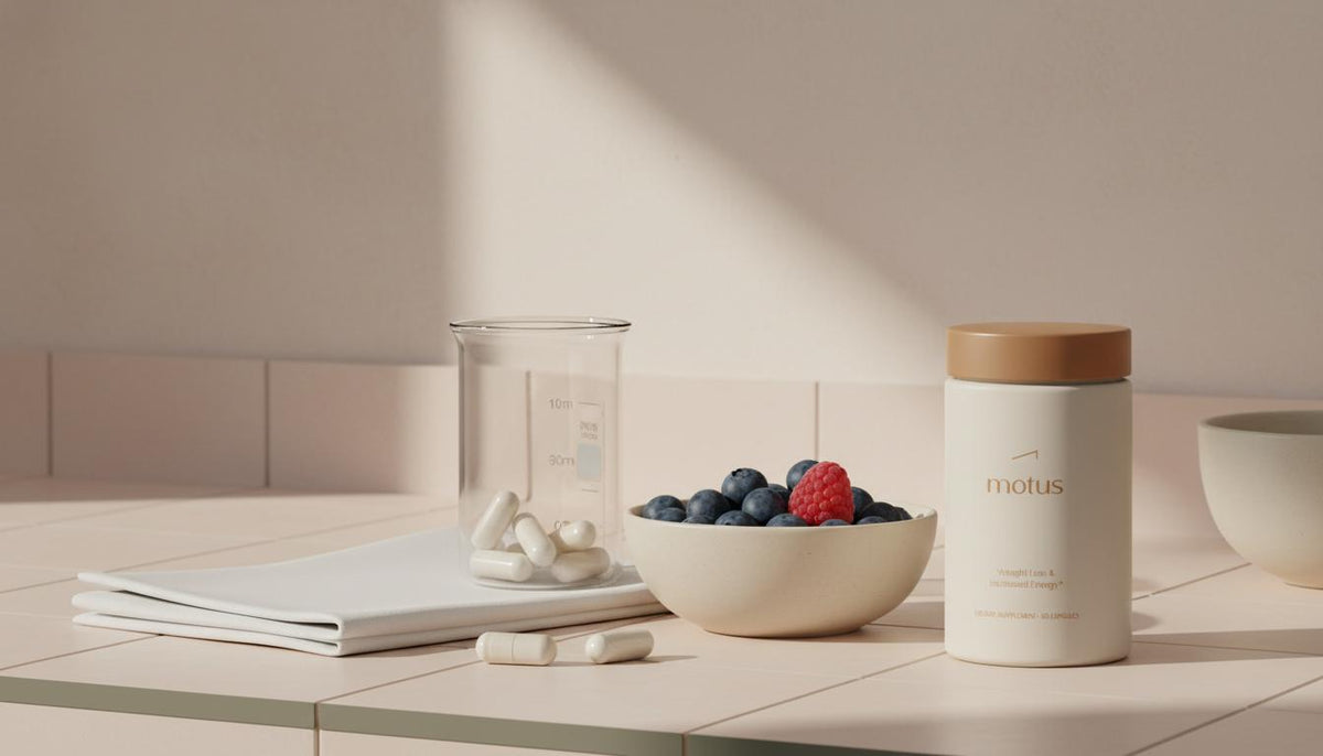 Minimalist still-life of Tonum Motus jar with glass beaker of capsules, folded lab cloth and bowl of berries on a #F2E5D5 counter, conveying clinical confidence and everyday health — Ozempic fatty liver