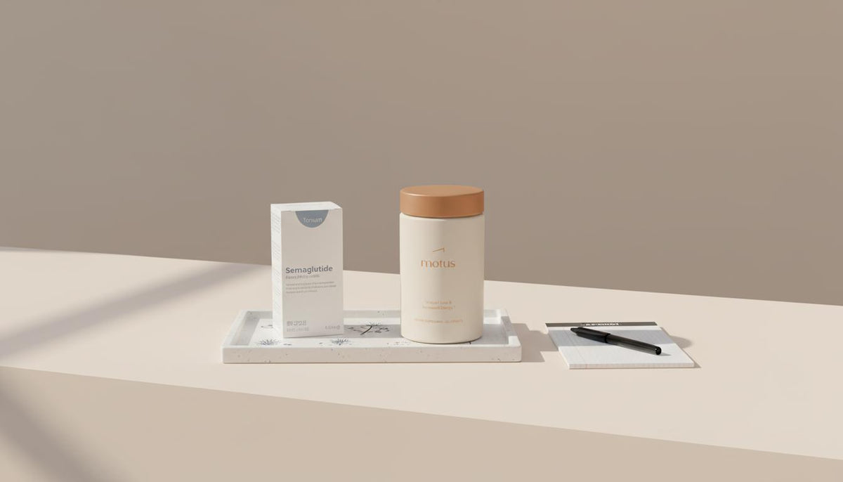 Minimalist pharmacy counter with unopened semaglutide pen box and Tonum Motus bottle on a small tray, subtle embossed berries and milk thistle, soft natural light. Ozempic price Costco