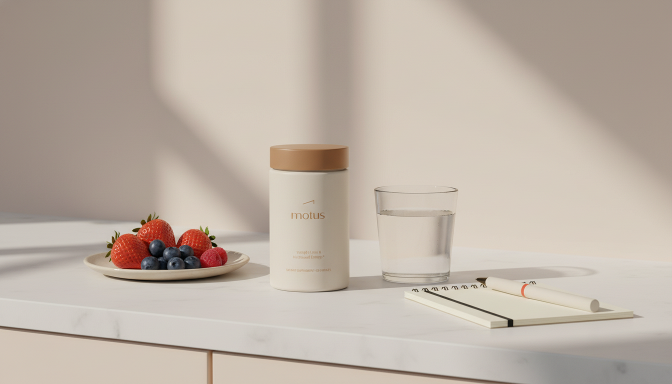 Minimalist kitchen scene with Motus supplement jar beside a glass of water and berries, illustrating ozempic price without insurance in a calm, health-focused lifestyle context.