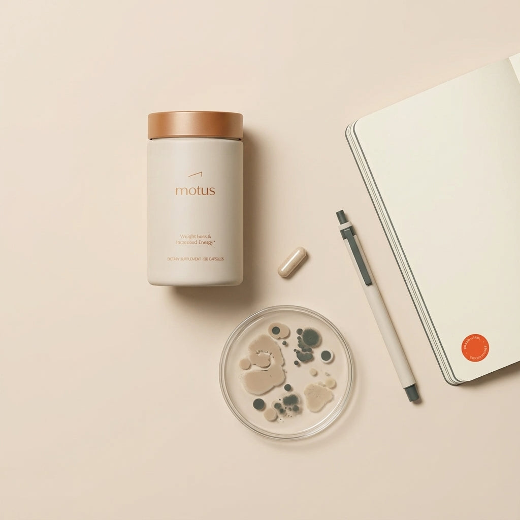 Minimalist clinical flat-lay of a Tonum supplement jar, a capsule and an abstract Petri dish on soft beige #F2E5D5 with notebook and subtle EF5023 accent, pendulum glucose control