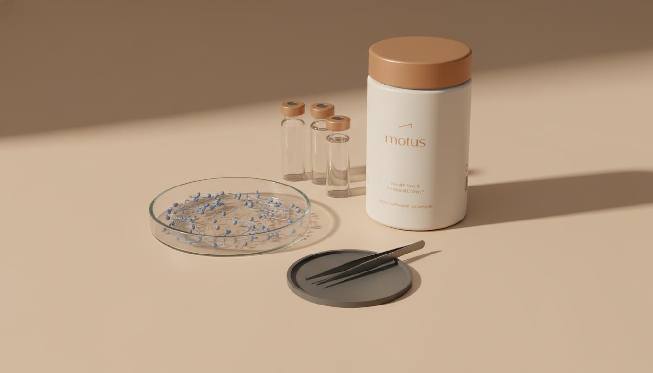 Minimalist lab still-life with Tonum supplement jar beside glass vials and a Petri dish showing stylized gut microbiome patterns, calm clinical aesthetic — pendulum probiotic