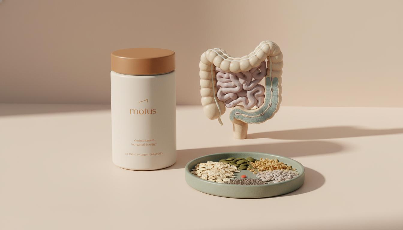 Minimalist still-life of Tonum Motus supplement jar with dish of mixed fibers and a 3D gut cross-section model, conveying clinical lifestyle approach to pendulum weight loss