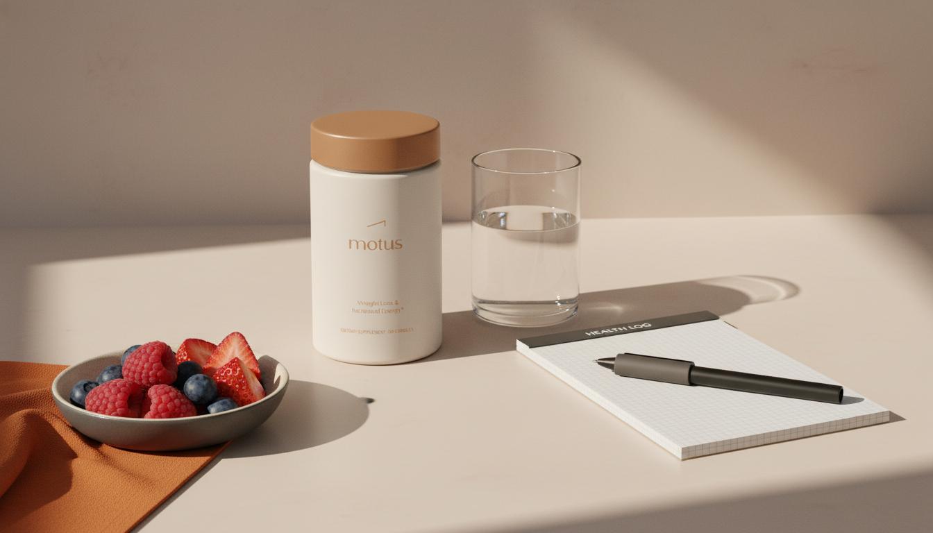 Minimalist kitchen counter with Tonum Motus container beside a glass of water, notepad and dish of berries, clinical-meets-lifestyle wellness composition for phentermine combinations.