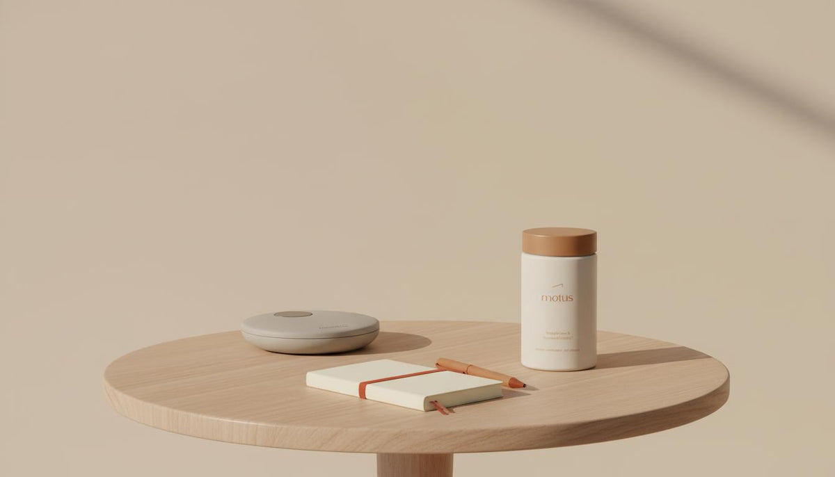 Minimalist banner of a wooden table with a spheroidal scale, notebook and Tonum Motus supplement container on a soft beige background — phentermine eligibility
