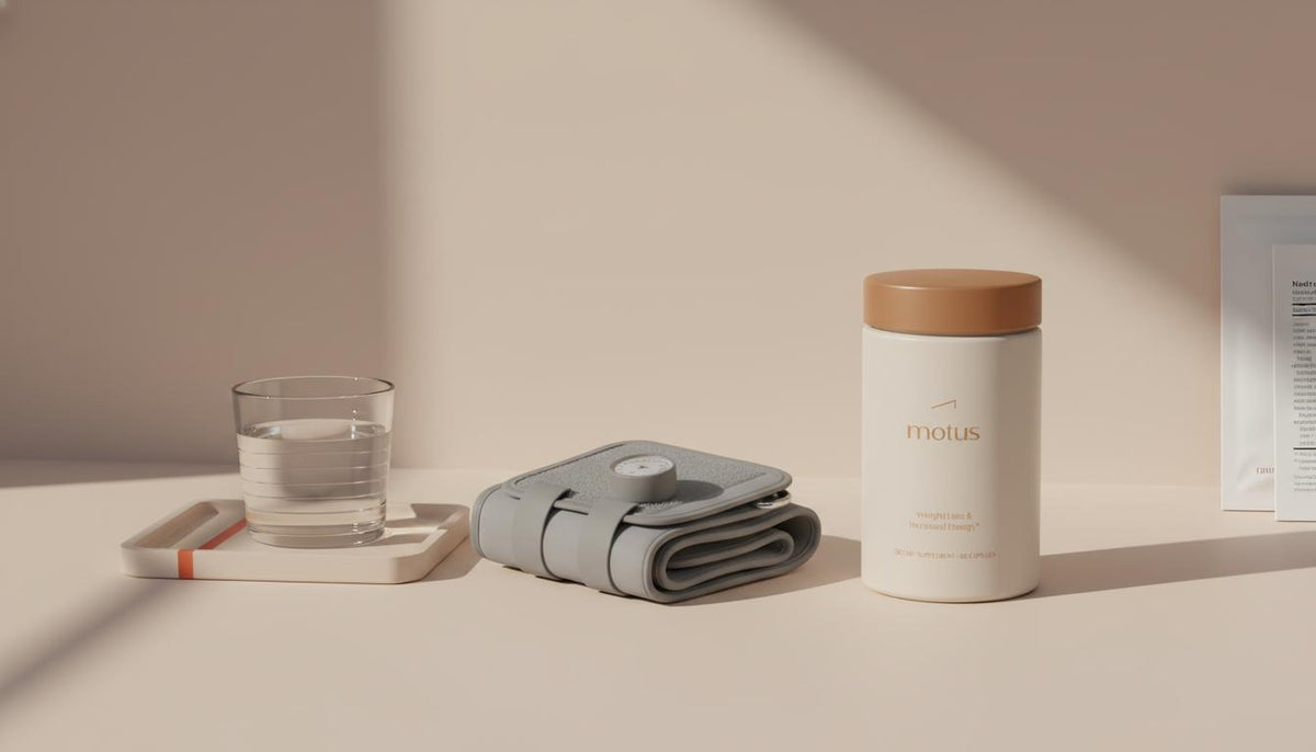 Minimalist countertop with Tonum Motus supplement jar beside a blood pressure cuff and a glass of water on beige background, suggesting preparation and monitoring before medication — phentermine interactions with supplements