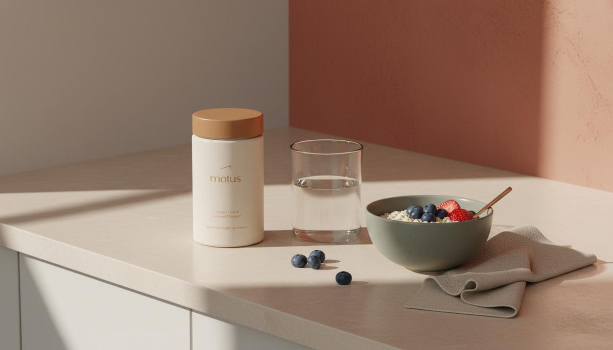 Minimalist morning kitchen scene with Tonum Motus supplement container beside a glass of water and a bowl of oats and berries, conveying phentermine-focused wellness.