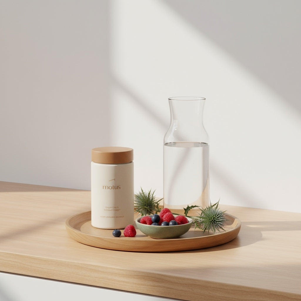 Minimalist kitchen countertop with Tonum Motus supplement jar on a wooden tray, carafe, berries and milk thistle in soft morning light — phentermine vs adderall