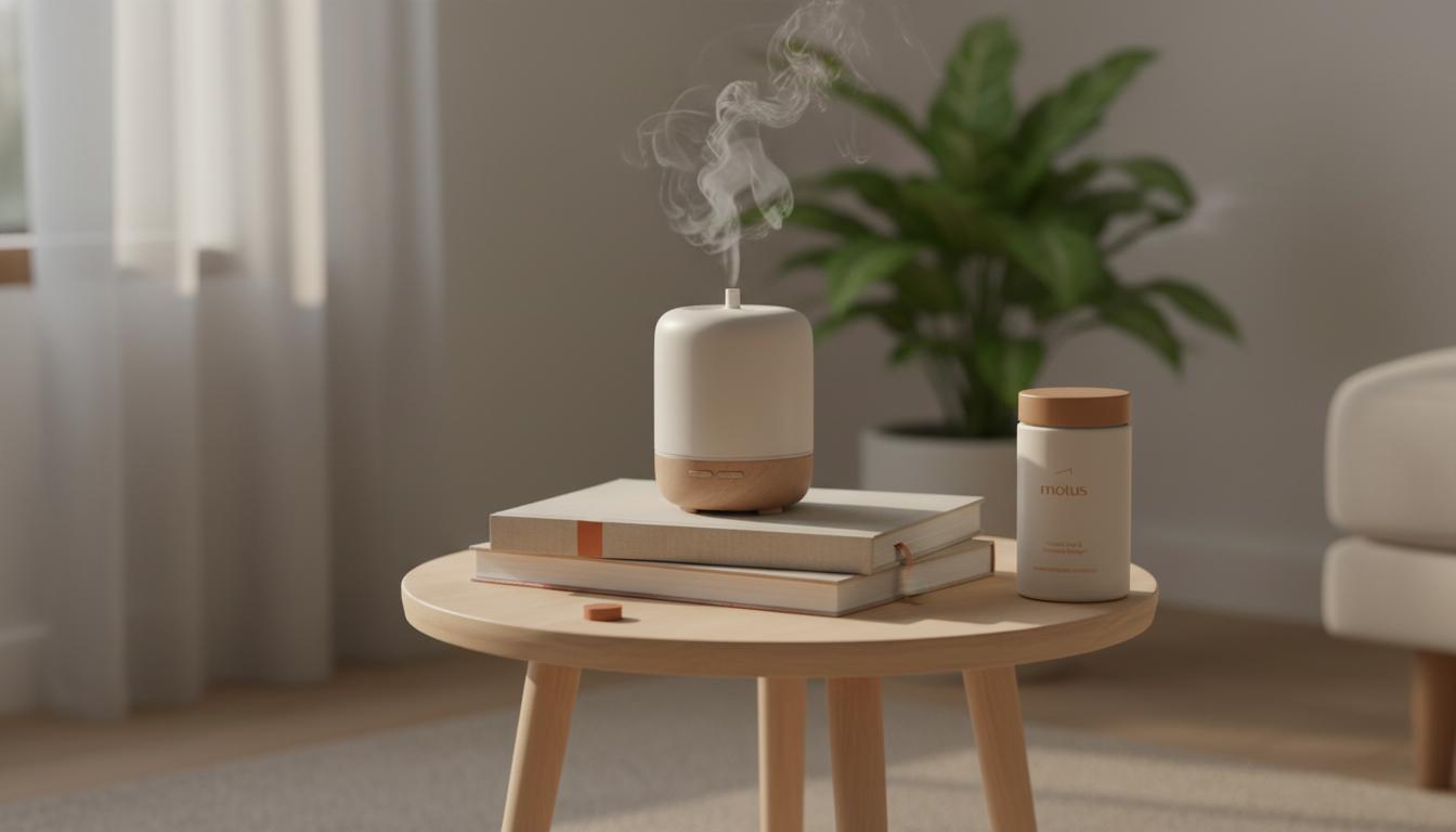 Minimalist living corner with a Tonum supplement container beside a diffuser and books, evoking quiet recovery and gentle habit design — pill that makes you not want to drink