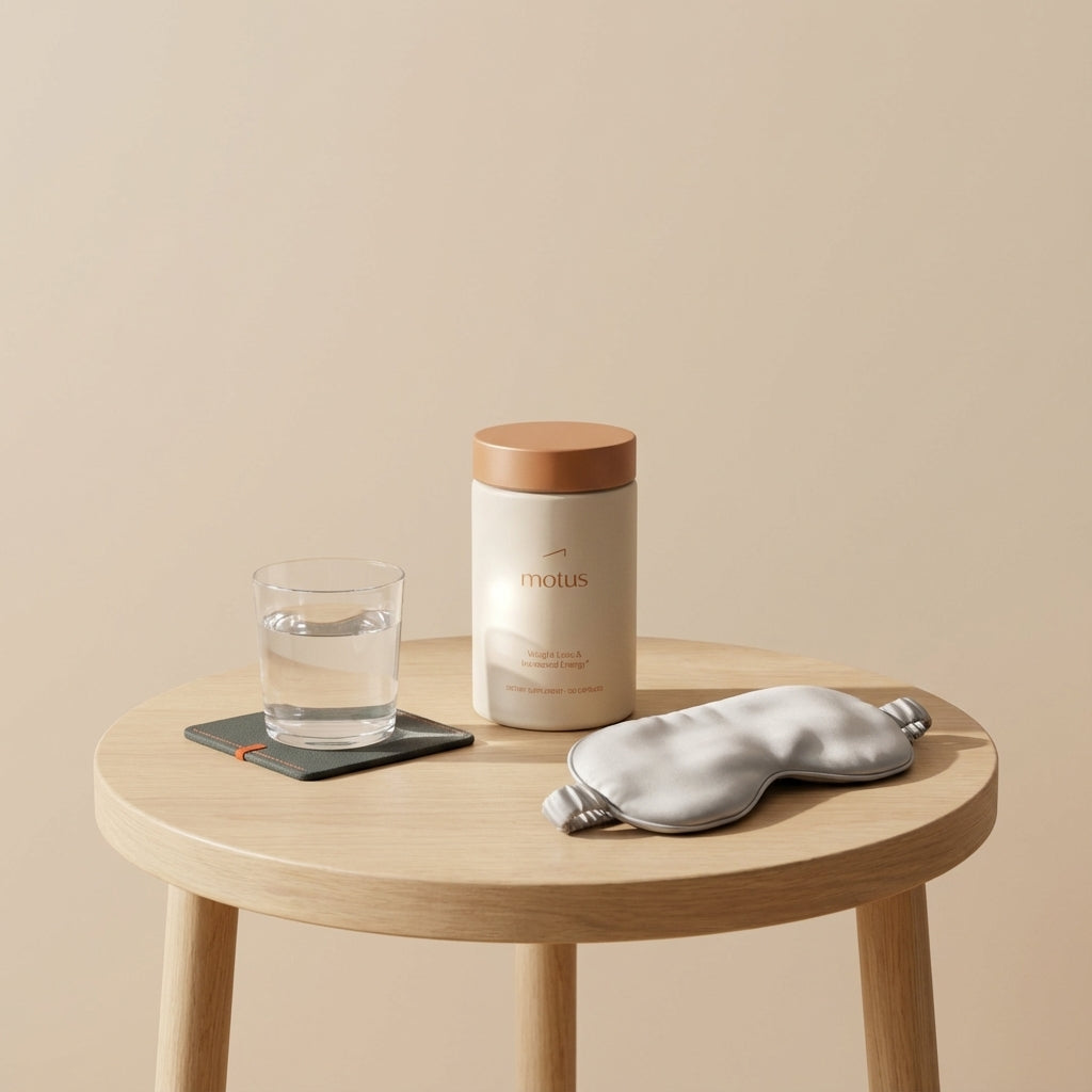 Tonum Motus container on wooden bedside table with glass of water and folded sleep mask on beige background — pill to lower glucose