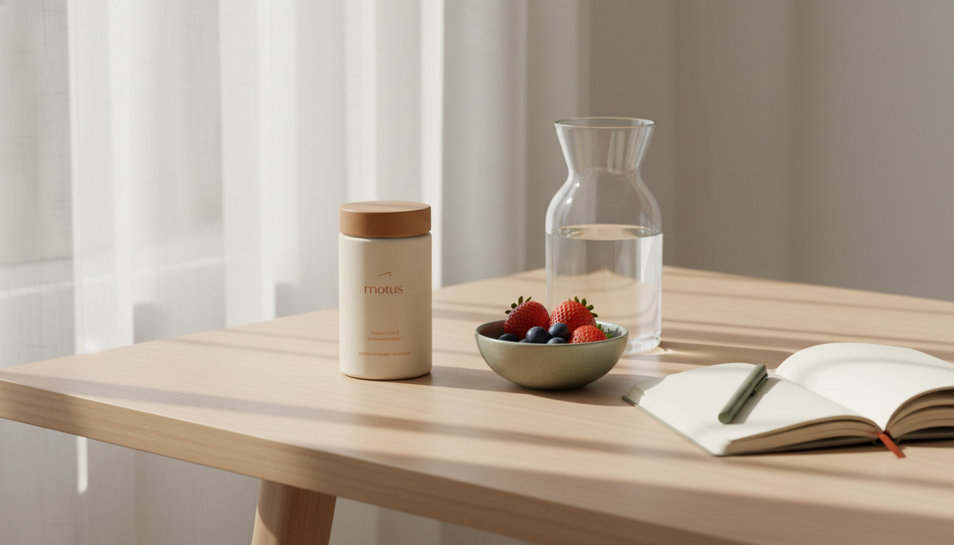 Minimalist sunlit kitchen table with Tonum Motus jar, berries, carafe and open journal representing pillars of holistic health and a mindful morning routine.