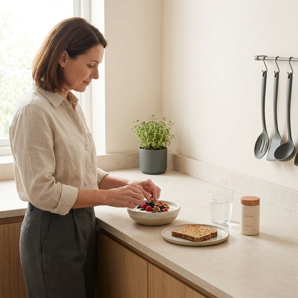 Midlife woman preparing a protein-rich breakfast with whole grains and a Tonum product on the counter, illustrating a post menopausal diet for weight loss.