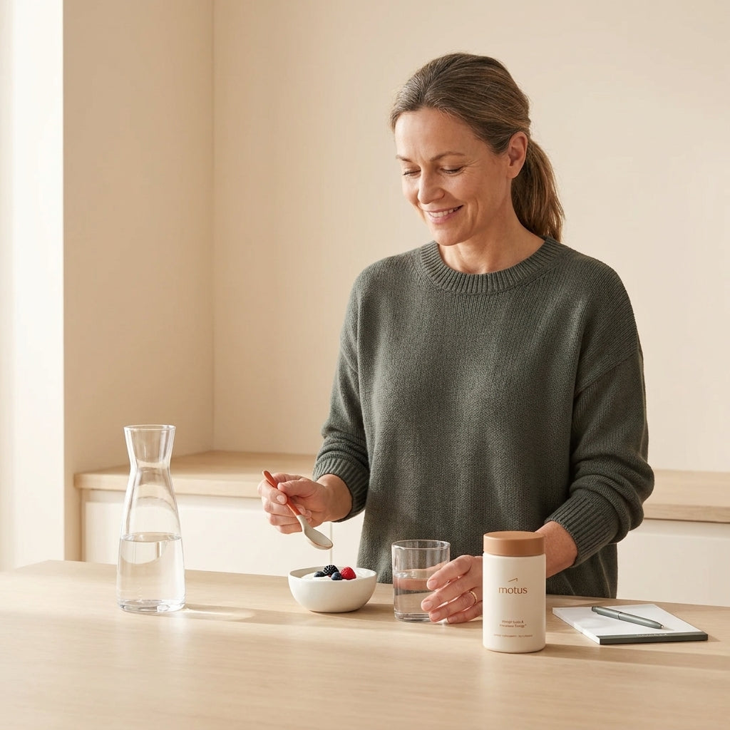 Midlife woman preparing a protein-focused breakfast at a sunlit counter with Tonum Motus visible, conveying practical wellness for post menopause and weight gain.