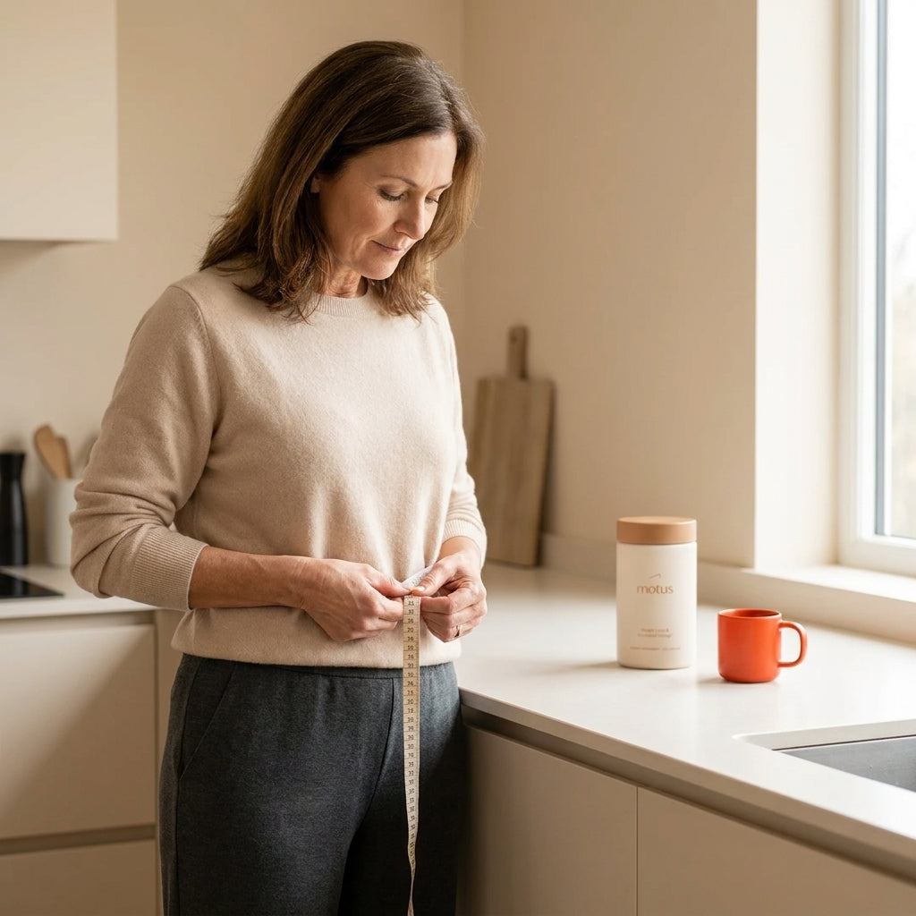Midlife woman measuring post menopause belly with a soft tape in a bright minimalist kitchen, Tonum supplement container subtly on the counter.