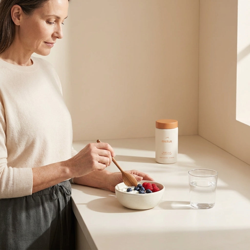 Midlife woman preparing protein-rich breakfast with Tonum supplement jar subtly in background, promoting post menopause supplements for weight loss and a balanced morning routine.