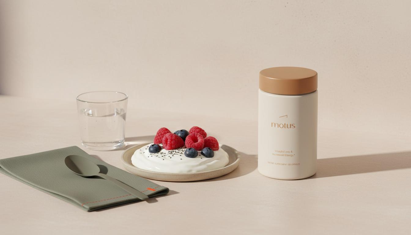 Minimal minimalist countertop scene showing Motus supplement jar beside a plate of Greek yogurt and berries, conveying post-Ozempic body recomposition and protein-focused recovery.