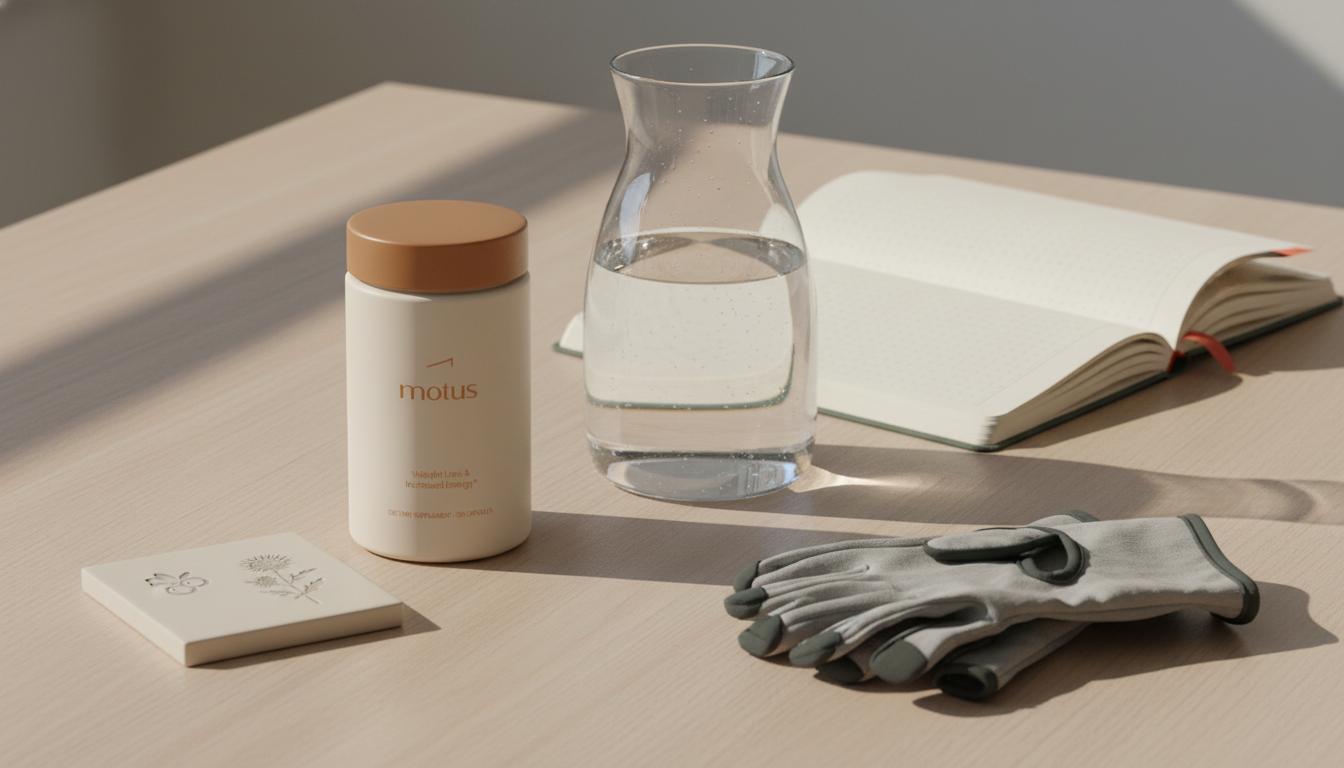 Tonum Motus supplement jar on a minimalist kitchen counter with a carafe, open notebook, training gloves and small berry and milk thistle icons — pre-workout fat loss