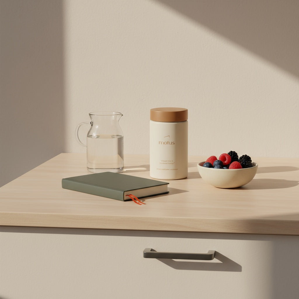 Minimal lifestyle photo of Tonum Motus jar with journal, glass carafe and bowl of berries on a #F2E5D5 table, evoking pre-workout supplements weight loss and sustainable morning routine