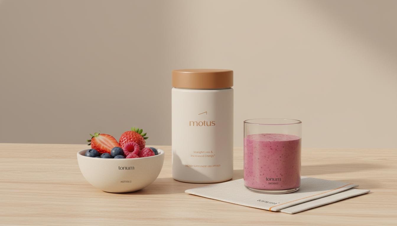 Minimalist still life of Tonum Motus container beside a bowl of mixed berries and a smoothie on a light wooden table, representing prescription appetite loss and nutrition.