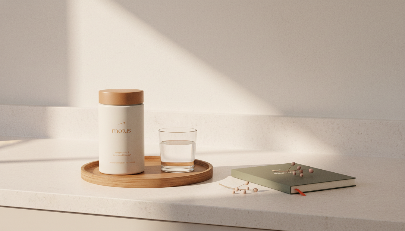Minimalist kitchen counter with a Tonum supplement jar on a wooden tray beside a glass of water, notebook and berries — Prevagen at Walmart