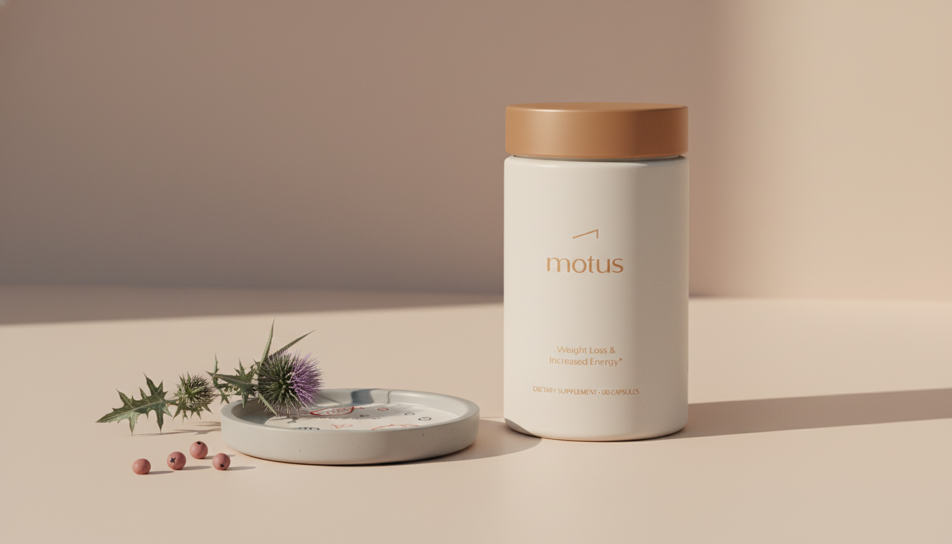 Minimalist still-life of a Prevagen supplement jar with stylized fish icons, milk thistle sprig and berries on a soft beige Tonum background (#F2E5D5), conveying clean brain-health lifestyle.