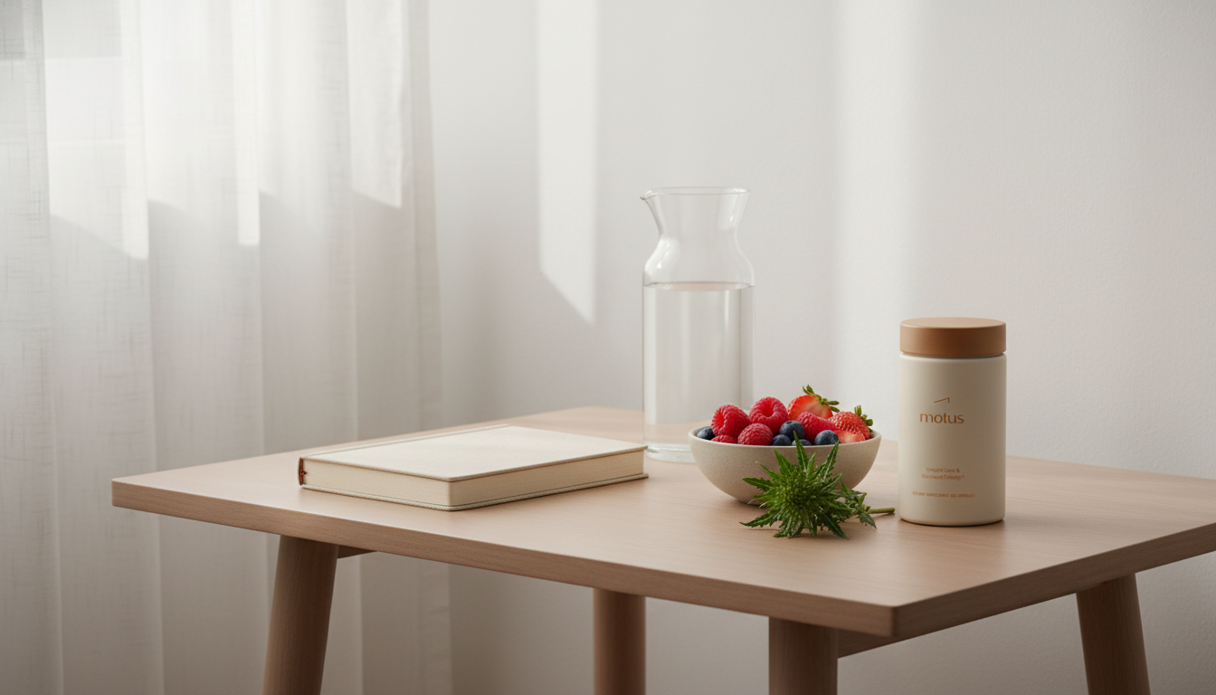 Minimalist morning bedside scene with Tonum supplement jar (Prevagen) beside a journal, glass water carafe, bowl of berries and milk thistle on a soft #F2E5D5 background