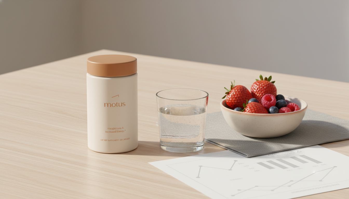 Minimalist still-life of the Tonum product on a wooden table with a glass of water, small bowl of berries and a research sheet—calm wellness scene referencing Prevagen price