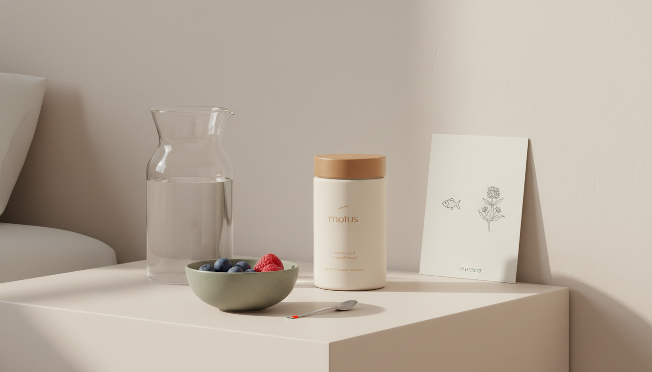 Minimalist bedside scene with Tonum supplement jar, glass carafe and bowl of berries; subtle Tonum icons on a card — suitable image for an article about Prevagen risks.