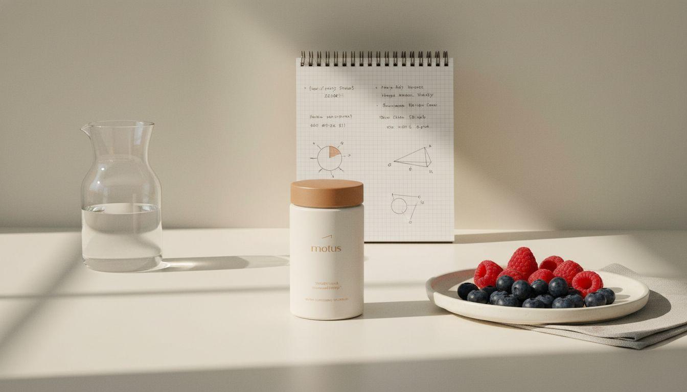 Minimalist kitchen still life with Motus supplement jar beside a carafe, berries and notebook illustrating price of diet pills in Mexico in a clinical-warm Tonum style