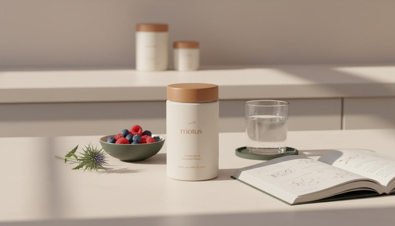 Sunlit minimalist kitchen scene with a Tonum supplement jar, research booklet, glass of water, bowl of berries and milk thistle illustrating probiotic side effects.