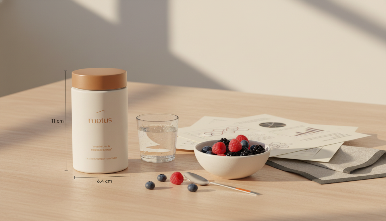 Minimalist kitchen scene with Tonum supplement container beside a bowl of berries, glass of water and research papers — visual for probiotics and endocarditis.