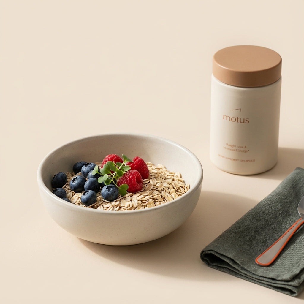 Minimalist close-up of a fiber-rich breakfast bowl (oats, berries, microgreens) beside the Tonum supplement container on a pale beige #F2E5D5 background — probiotics blood sugar