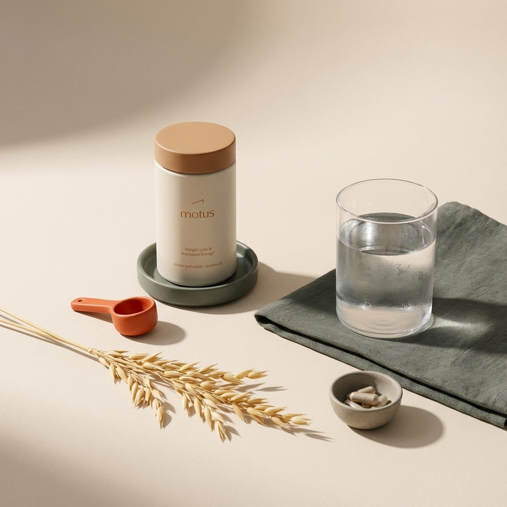 Minimalist still life with Tonum supplement jar, glass of water and oats sprig on pale beige background, symbolizing probiotics for blood sugar and gut health.