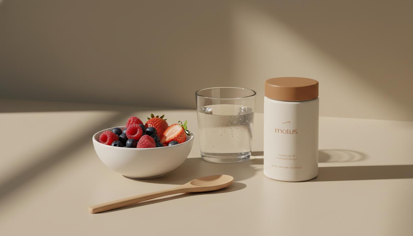 Tonum Motus container beside a bowl of mixed berries, a glass of water and a wooden spoon on a beige counter, minimal lifestyle scene suggesting probiotics for sugar cravings