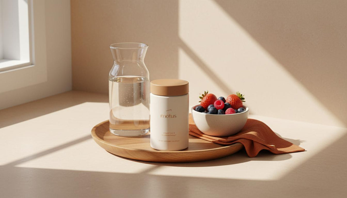 Motus supplement jar on a wooden tray with carafe and fresh berries on Tonum background #F2E5D5 — probiotics for weight loss
