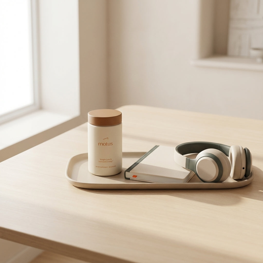 Minimalist home‑office tray with Tonum supplement container and notebook, suggesting research‑based morning habits — probiotics reduce a1c