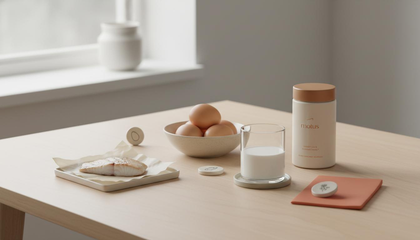 Minimalist still-life of protein-rich foods (eggs, fish fillet, glass of milk) with a Tonum supplement jar and small Tonum icons on a light wooden table, illustrating protein and hair growth.
