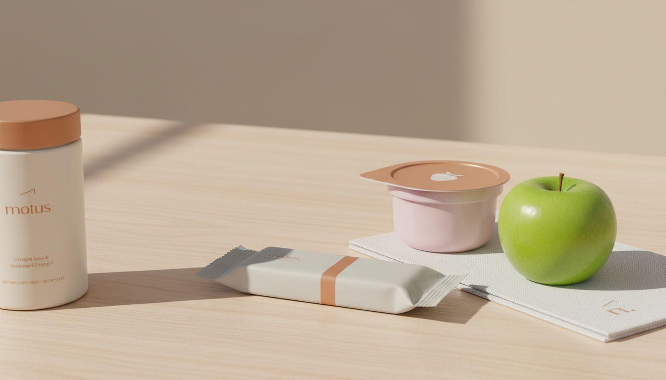 Minimalist travel kit on wooden table with Tonum Motus container, wrapped protein bars, yogurt cup and apple on beige background #F2E5D5, daylight-lit.