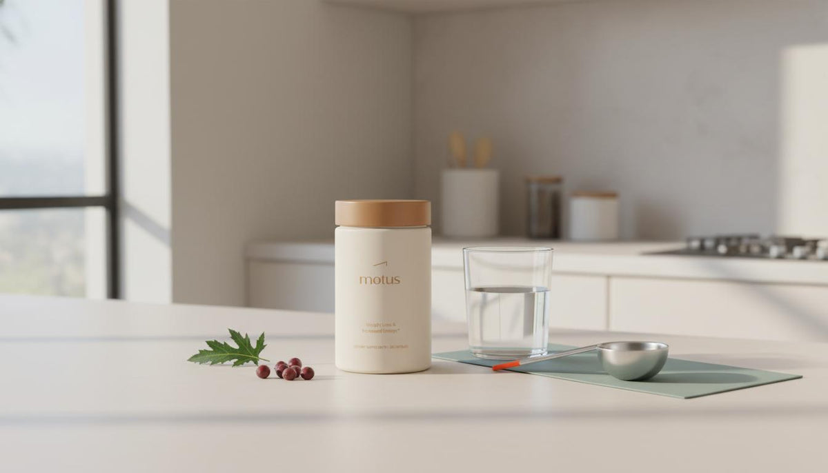 Minimalist kitchen scene with Tonum Motus supplement container beside a glass of water, measuring scoop, berries and a milk thistle leaf on a #F2E5D5 background — protein powder for belly fat.
