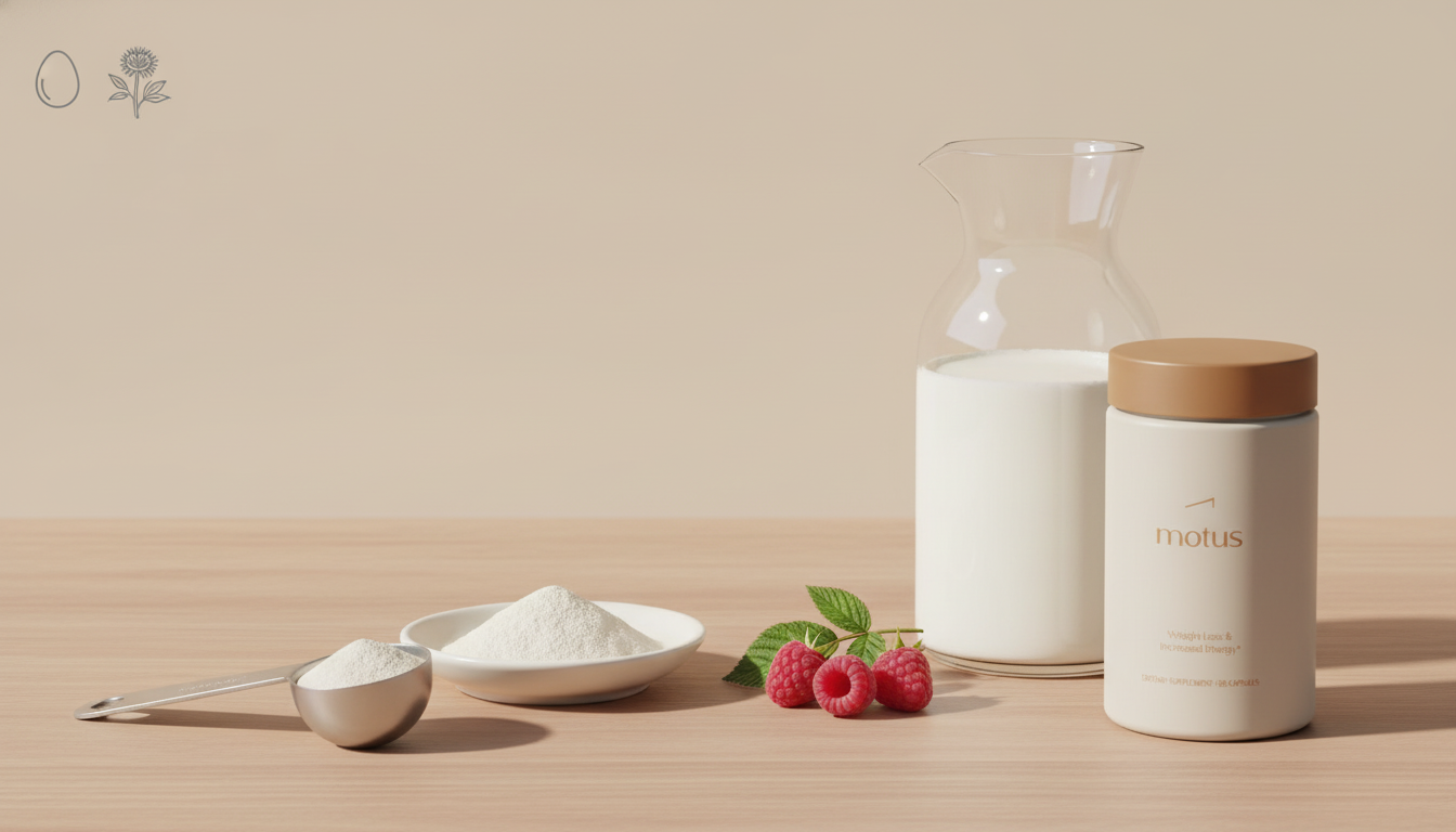Minimalist still-life showing protein powder in pregnancy setting: scoop of powder, measuring scoop, milk carafe and berries on beige Tonum background with egg and milk thistle icons.