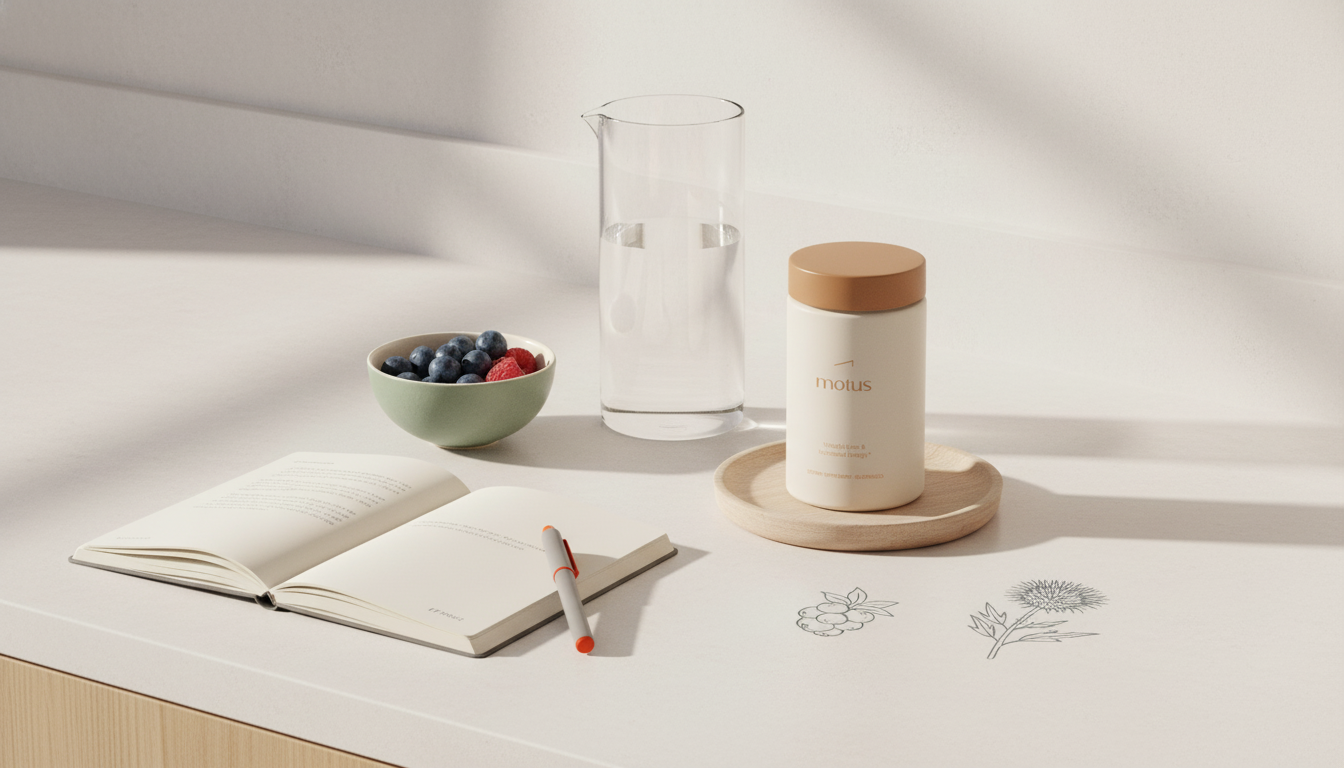 Minimal kitchen counter with glass carafe, bowl of berries, open journal and Tonum supplement jar from reference beside small berry and milk thistle icons, protein powder